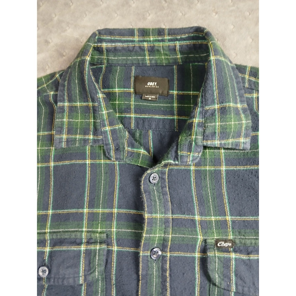 Obey Worldwide Mens Navy Green Plaid Flannel Button Down Shirt Size M Cotton - Picture 2 of 8